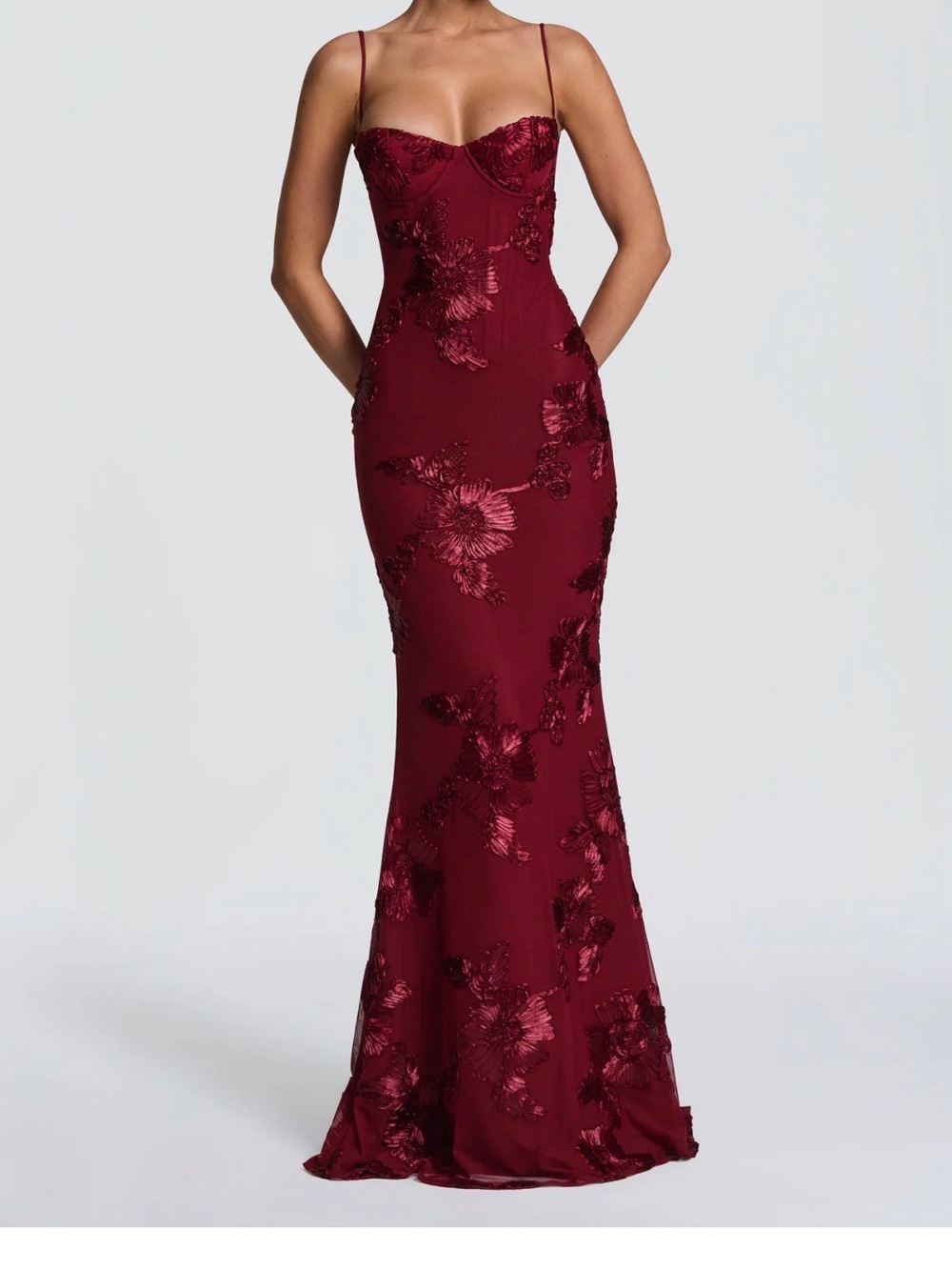 Stunning Dark Red Floral Sequin Maxi Dress with Spaghetti Straps